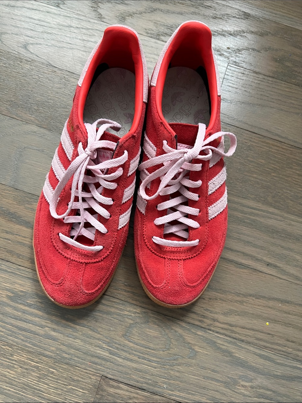 adidas handball spezial Red Suede Sneakers with Light Pink Stripes 7.5